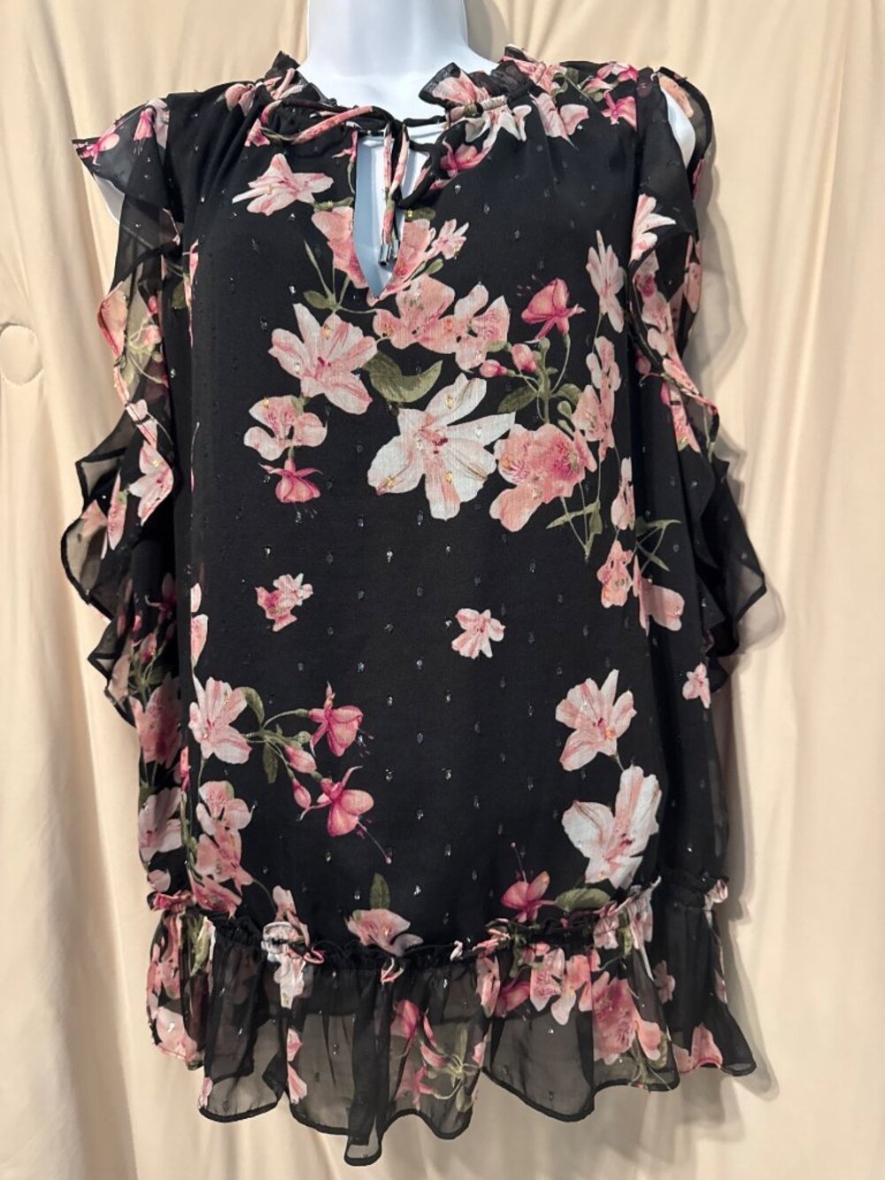 White House Black Market Black/Pink Floral Sleeveless Blouse XL